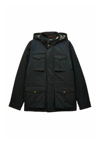 Nepremokavá čierna bunda s kapucňou, dvoma náprsnými vreckami a dvoma dolnými vreckami s klapkou, so zlatými patentmi a pevnou tkaninou.