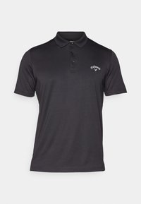 Černé polo tričko vyrobené z hladkého, prodyšného materiálu. Má tříknoflíkovou légu a vyšívané logo na levé straně hrudi.