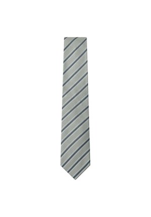Silk tie in light gray with diagonal navy blue stripes. Narrow shape with a smooth texture and pointed tip, suitable for formal wear.