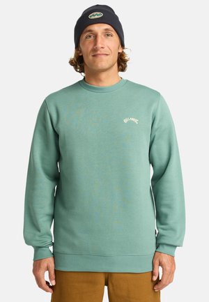 Groene katoenen sweatshirt met geribde manchetten en halslijn. Bevat kleine witte geborduurde tekst op de borst. Gemaakt met een donkere gebreide muts.