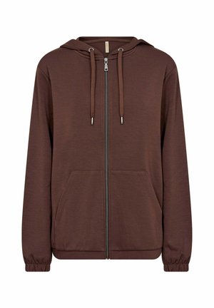 Brown zip-up hoodie featuring a drawstring hood, two front pockets, and elastic cuffs. Made of soft, smooth fabric.
