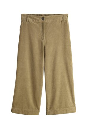 Khaki corduroy wide-leg pants with a button closure, front pockets, and a textured surface. The trousers feature a cropped length.