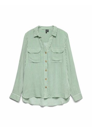 Gestreept groen overhemd met V-hals, lange mouwen, twee voorzakken en goudkleurige knopen; zachte stof en losse pasvorm.