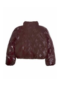 Bordeauxfarbene kurze Pufferjacke, glänzendes Material, hoher Kragen, gesteppte Textur, voluminöse Ärmel, elastischer Saum und Bündchen.