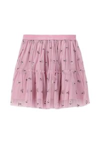 Różowa spódnica z tiulu z warstwowymi falbanami, ozdobiona kwiatowym haftem i elastycznym pasem. Miękka w dotyku i lekka w noszeniu.
