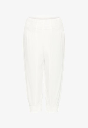 Pantalons capri blancs en tissu lisse, dotés d'une taille froncée et de bas resserrés aux chevilles, offrant une coupe décontractée.