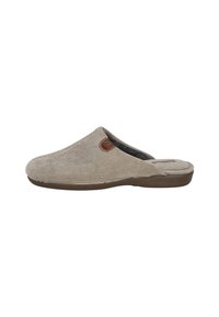 Zapatilla de casa de pana beige, con suela marrón y pequeño parche decorativo cerca de la abertura, en un ángulo que muestra el perfil lateral.
