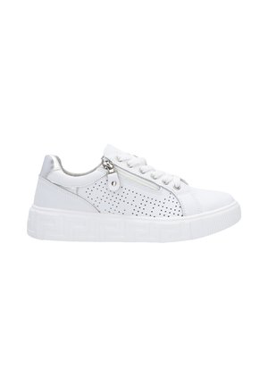 White sneakers featuring perforated detailing, a metallic silver accent on the heel, and a textured white sole with a geometric pattern.