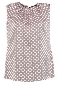 Haut sans manches en tissu léger, avec un fond taupe orné de grands pois blancs, encolure froncée et coupe décontractée.