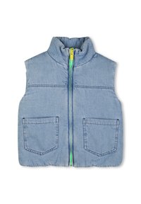 Τζιν γιλέκο με ψηλό γιακά, ανοιχτό μπλε χρώμα, εμπρός φερμουάρ με φωσφορίζουσα πράσινη λεπτομέρεια και δύο μπροστινές τσέπες με πατς.