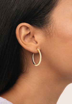 Pendiente de aro de oro con un acabado suave y piedras preciosas transparentes incrustadas a lo largo del borde, suspendido del lóbulo de la oreja.