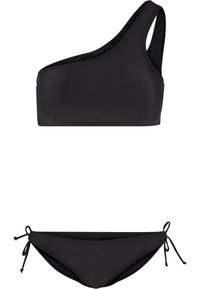 Black bikini set featuring a one-shoulder top with a smooth texture and adjustable ties on the side of the bottom for fit customization.