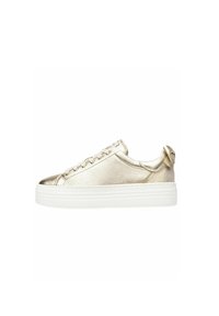 Goldfarbene Metallic-Sneaker mit glatter Satin-Oberfläche, weißer Gummisohle und Schnürung. Verfügt über eine kleine Fersenschlaufe für einfaches Anziehen.