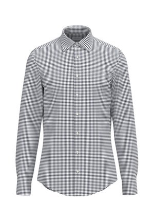 Langarmhemd mit einem schwarz-weißen Karomuster, ausgestattet mit einem klassischen Kragen und einer vorderen Knopfleiste. Aus glattem Baumwollmaterial.