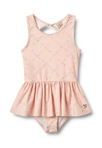 Helles rosa Badeanzug mit einem ausgestellt Rock, floralen Druck in Pastellfarben, Racerback-Design und einem kleinen dekorativen Logo unten rechts.