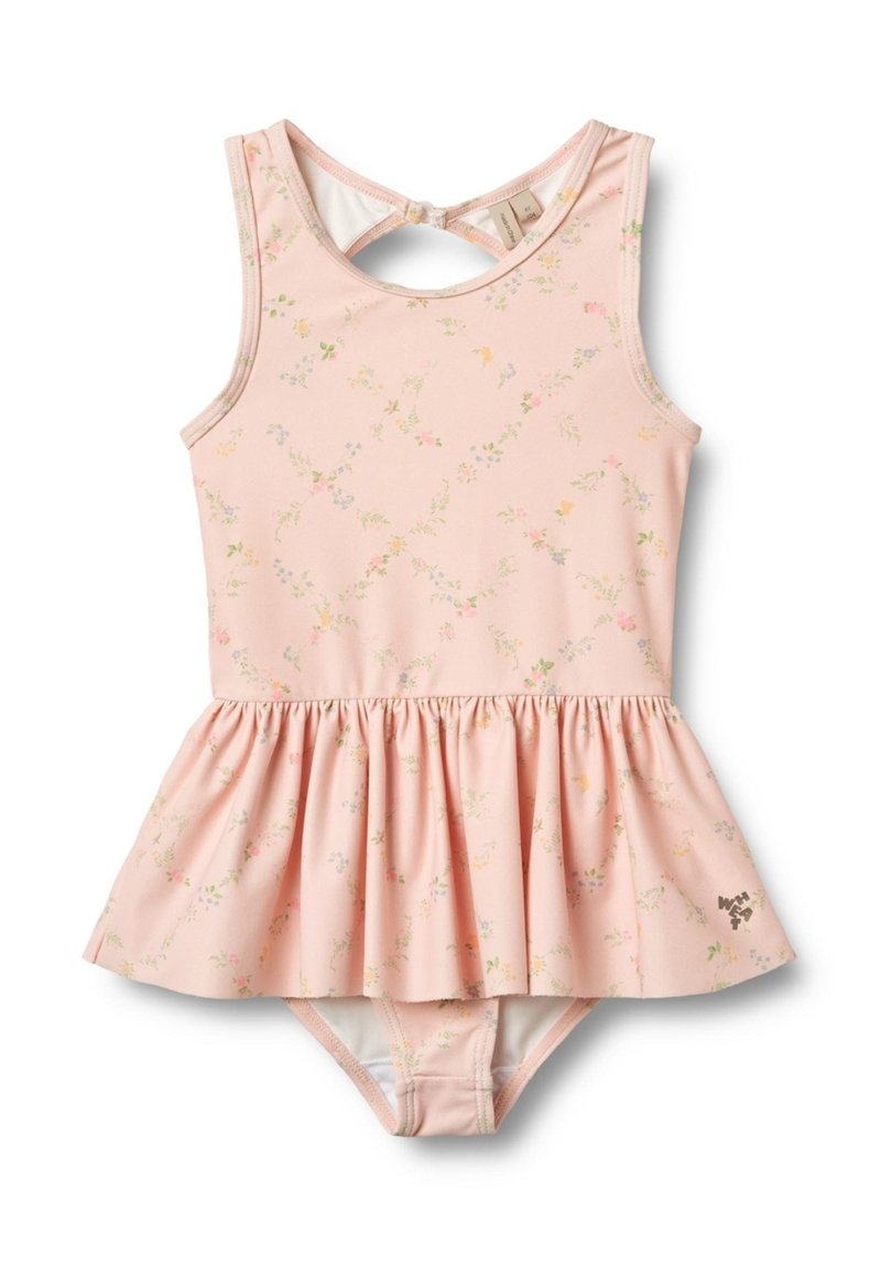 Helles rosa Badeanzug mit einem ausgestellt Rock, floralen Druck in Pastellfarben, Racerback-Design und einem kleinen dekorativen Logo unten rechts.