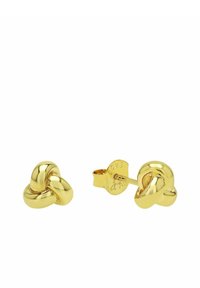 Orecchini in metallo dorato a forma di nodo. Finitura liscia e lucida con una forma leggermente arrotondata. Inclusa chiusura a perno.