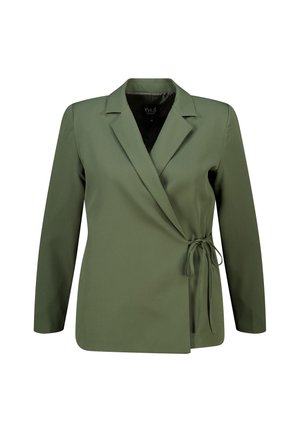 Olijfgroene wrapblazer met een diepe V-hals, lange mouwen en een strik in de taille. Glide textuur met een getailleerde pasvorm en reverskraag.