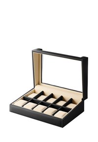 Svart lærklokkeeske med klart lokk, med åtte polstrede rom kledd i beige stoff. Firkantet design med glatt tekstur.