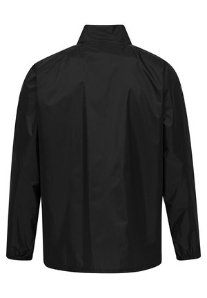 Sort vandtæt jakke med lange ærmer, høj krave, elastiske manchetter og en glat tekstur. Minimalistisk design uden synligt udstyr.