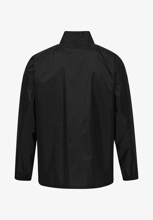 Sort vandtæt jakke med lange ærmer, høj krave, elastiske manchetter og en glat tekstur. Minimalistisk design uden synligt udstyr.