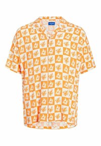 Chemise à manches courtes avec boutons, à motif damier orange et blanc, ornée de motifs floraux blancs sur les carrés orange.