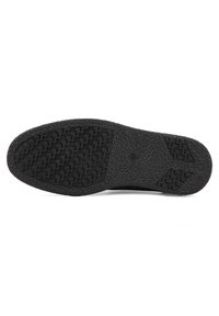 Semelle de chaussure noire avec des motifs de grip en caoutchouc texturé au niveau du talon et de l'avant-pied, photographiée sur fond blanc.