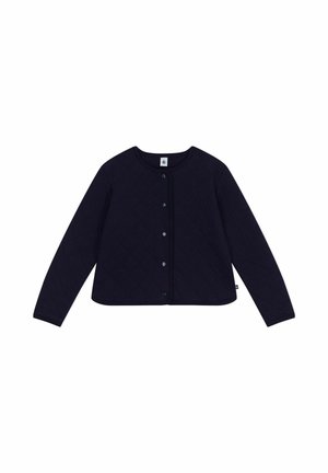 Veste matelassée bleu marine à manches longues, col rond et boutons sur le devant ; présente une texture lisse sans motifs visibles.