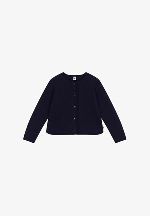 Dunkelblaue gesteppte Jacke mit langen Ärmeln, rundem Ausschnitt und vorderen Knöpfen; hat eine glatte Textur ohne sichtbare Muster.