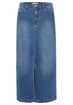 Gonna di jeans blu con spacco anteriore, vita alta, passanti per cintura e tasche. Presenta cuciture classiche e un design dritto.