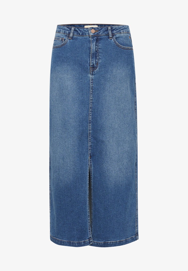 Kék farmer szoknya elöl függőleges hasítékkal, magas derékkal, övhurkokkal és zsebekkel. Klasszikus öltések és egyenes szabás jellemzi.