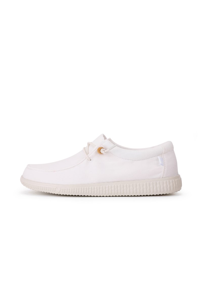 White canvas shoes with a rounded toe, simple design, elastic laces, and textured rubber sole. Side stitching and minimal accents.