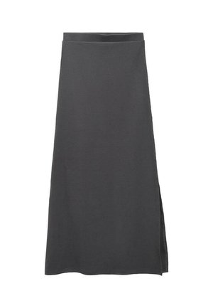 Black, floor-length skirt made from soft fabric, featuring a side slit, minimalistic design, and a smooth texture.
