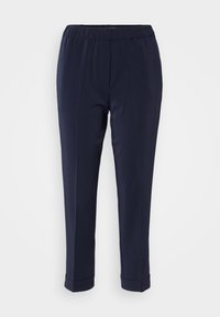 Pantalon bleu marine fuselé avec une taille élastique, une texture lisse et des ourlets retroussés. Confectionné en matériau léger, adapté pour une tenue décontractée.