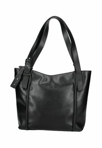 Sac fourre-tout en cuir noir avec double anses, texture granuleuse et étiquette de marque métallique près d'une anse.