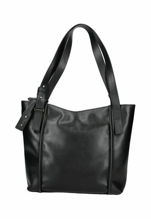Borsa a tote nera in pelle con doppi manici, texture a grana e etichetta metallica del brand vicino a uno dei manici.
