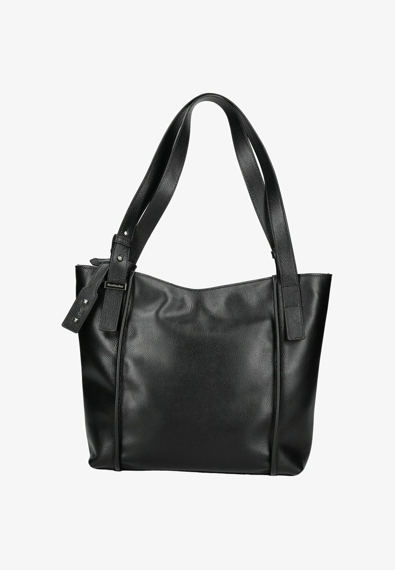 Borsa a tote nera in pelle con doppi manici, texture a grana e etichetta metallica del brand vicino a uno dei manici.