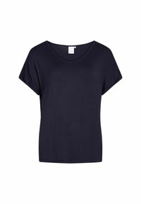 Marineblå kortærmet t-shirt med V-hals og afslappet pasform. Fremstillet af blødt materiale, uden synlige mønstre eller dekorationer.