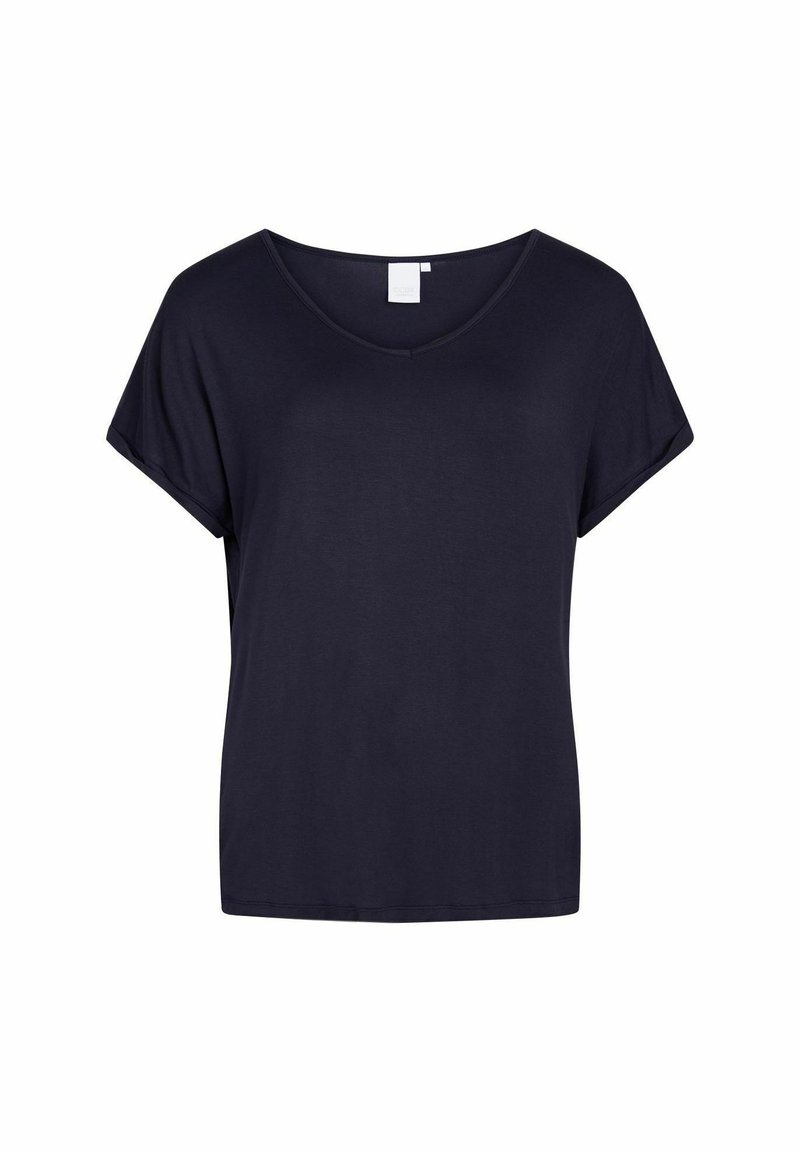 Marineblå kortærmet t-shirt med V-hals og afslappet pasform. Fremstillet af blødt materiale, uden synlige mønstre eller dekorationer.