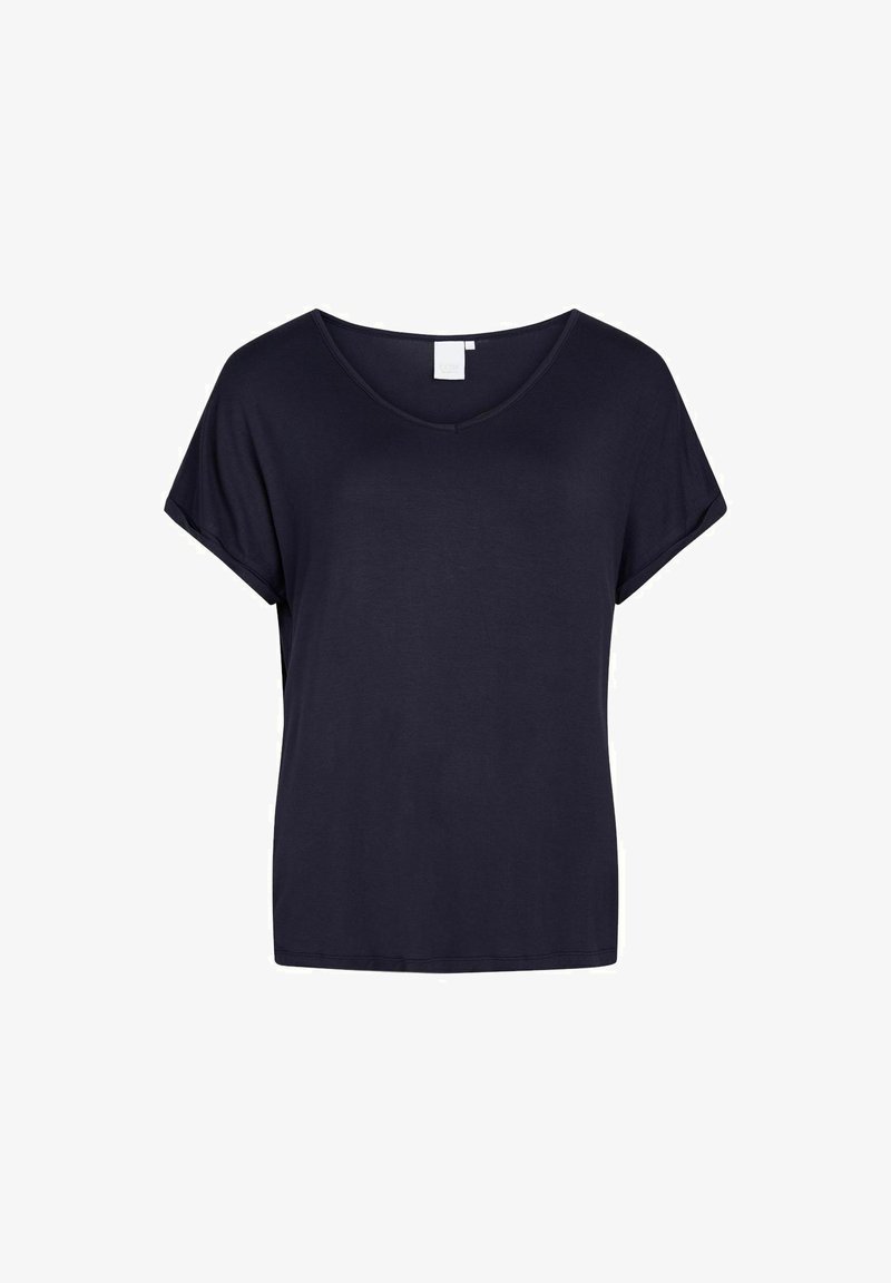 Sötétkék, rövid ujjú póló V-kivágással és laza szabással. Puha anyagból készült, látható minták vagy díszítések nélkül.