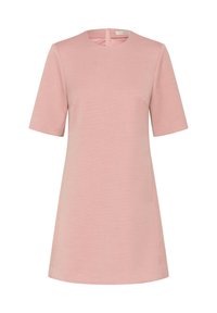 Kurzärmeliges, pinkfarbenes A-Linien-Kleid mit rundem Ausschnitt und einem Reißverschluss hinten. Hergestellt aus strukturiertem Stoff mit glatter Oberfläche.