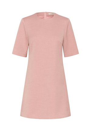 Short-sleeve, pink A-line dress with a round neckline and a back zipper. Made from textured fabric with a smooth finish.