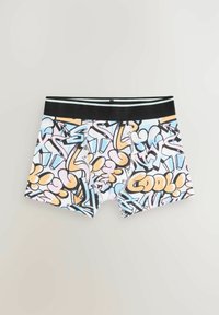 Vyrų bokseriai su spalvingu grafiti raštu, kuriame dominuoja rožinė, mėlyna ir juoda; juodas juosmuo su šviesiai mėlynomis juostelėmis.