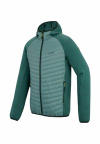 Veste à capuche verte avec panneau avant matelassé, fermeture éclair intégrale et poches latérales zippées, conçue pour une utilisation en extérieur.