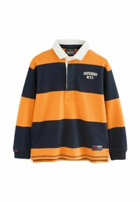 Poloshirt met lange mouwen, donkerblauwe en oranje horizontale strepen, witte kraag, geborduurd logo op de borst en geweven merkembleem aan de zoom.