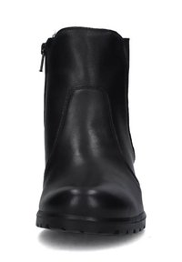Stivali alla caviglia neri in pelle con finitura liscia, punta rotonda, zip laterale e suola in gomma testurizzata. Design semplice e linee pulite.