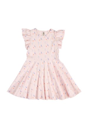 Light pink toddler dress with flutter sleeves and a flared skirt, decorated with small blue and peach floral patterns.