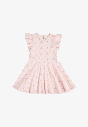 Světle růžové šaty pro batolata s volánkovými rukávy a rozšířenou sukní, zdobené drobnými modrými a broskvovými květinovými vzory.