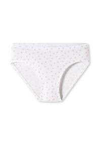 Vita bomullstrosor med en slät yta, med ett rosa prickmönster, elastisk midjeband och enkel design.