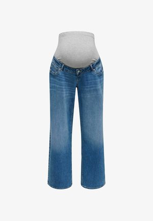 Vaqueros premamá con piernas de denim azul claro y un panel de tela elástica gris para soporte del vientre.
